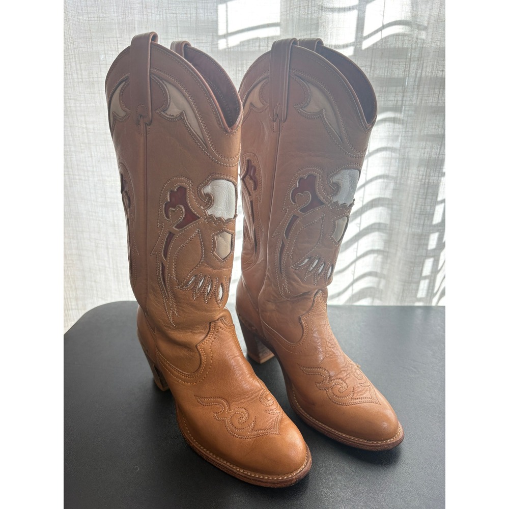 Miss Capezio Western Boots Women 7.5M Tan Eagle Inlay Vintage Cowboy Boho Rodeo